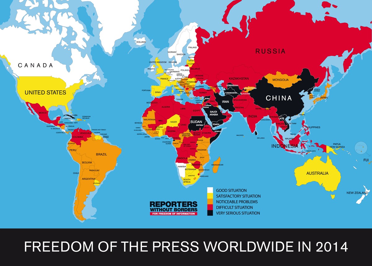 報道の自由が守られている順位。日本は59位で韓国より下
